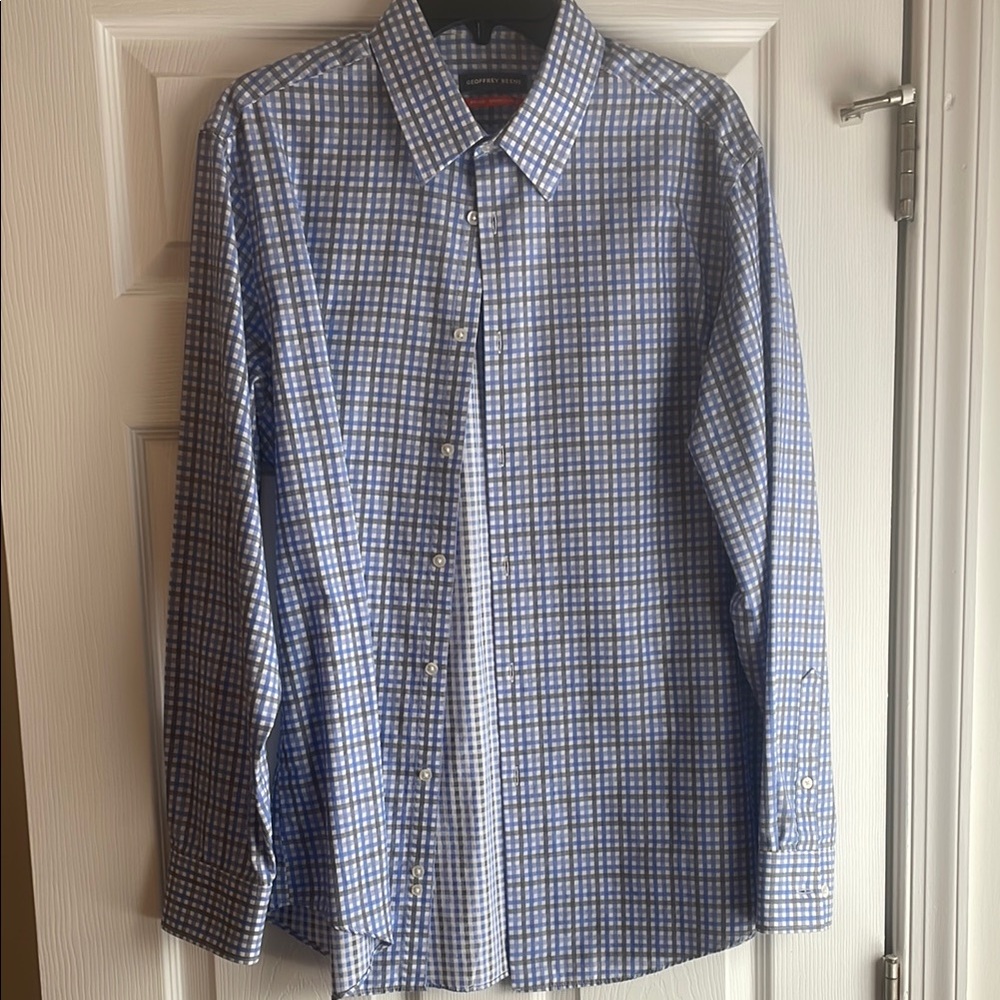 Blue and White Checkered Dress Shirt with Pointed Collar